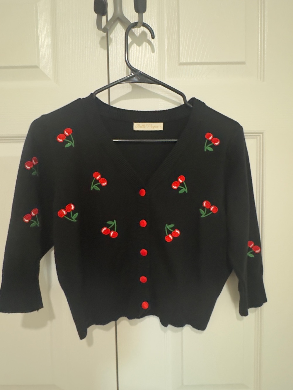 Black Cherry-Embroidered V-Neck Cardigan Sweater